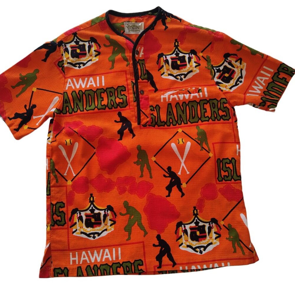 Vintage Malihini Orange Barkcloth Men's Hawaii Islanders Baseball Shirt Small